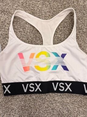 VSX White Racerback Sports Bra with Rainbow Logo and Black Band